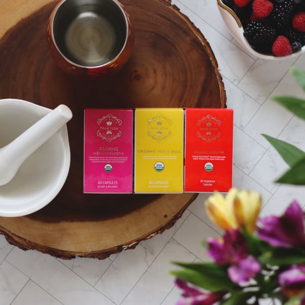 True Veda Menopause Bundle (Organic MenoHarmony, Holy Basil Vitamin B6 and Moringa)