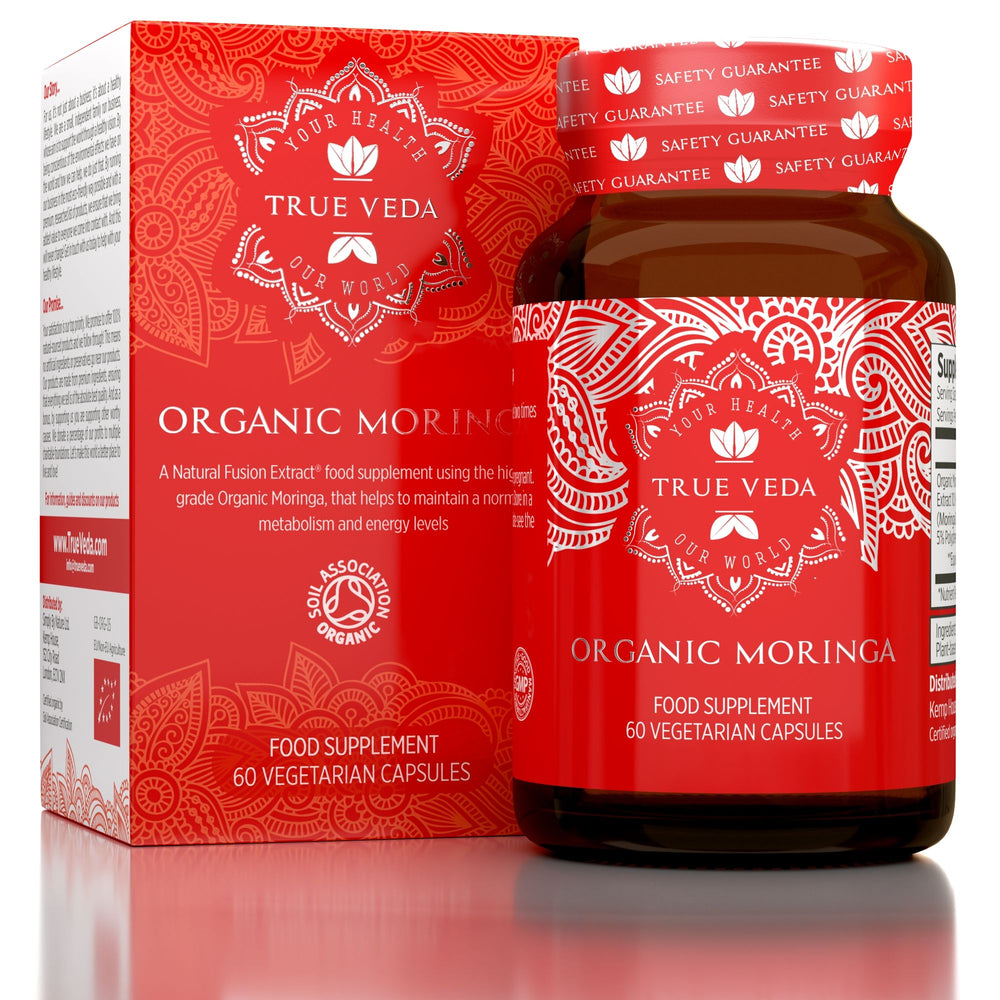 True Veda Organic Moringa bottle and box packaging in red, 60 vegetarian capsules, food supplement shown on white background.

