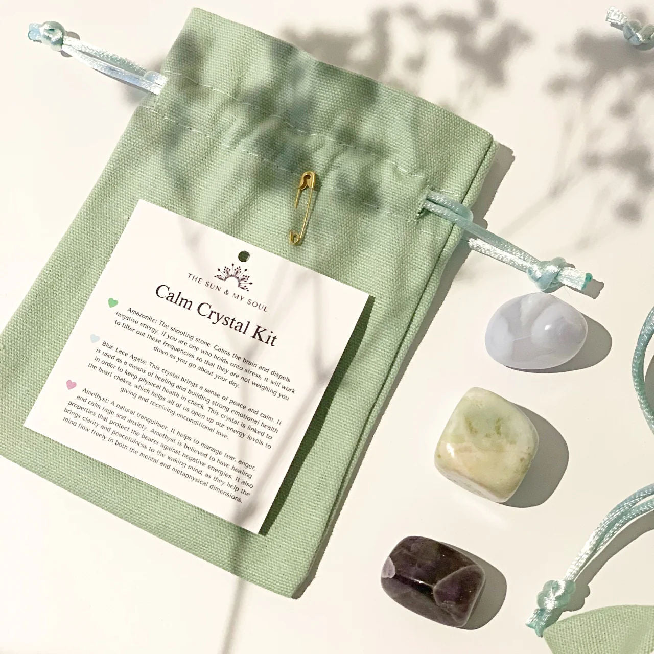 Calm Crystal Kit with Affirmation Card - Set of 3 Crystals (Amazonite, Amethyst, Blue Lace Agate)