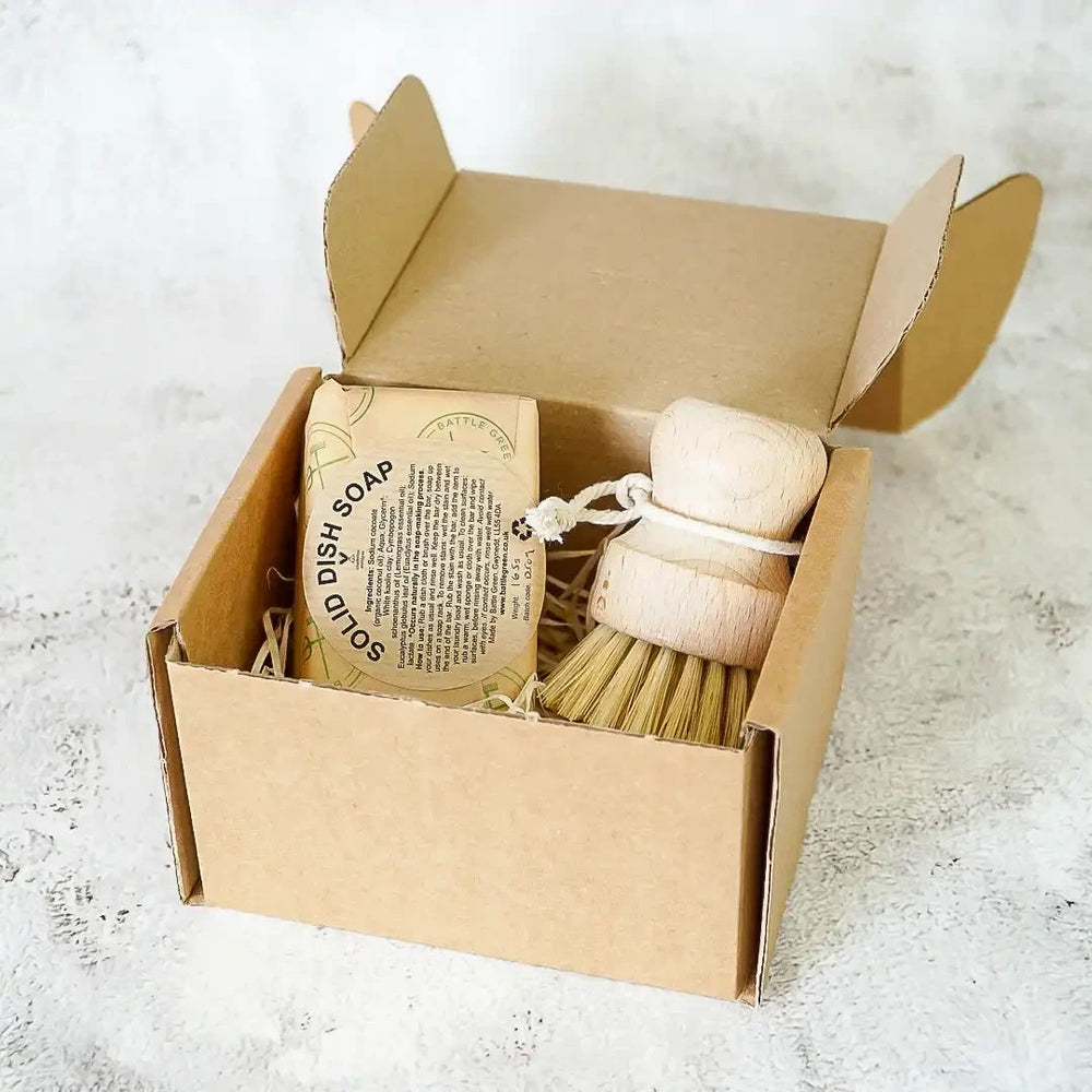 Plastic Free Dish Soap & Wooden Brush Washing Up Set