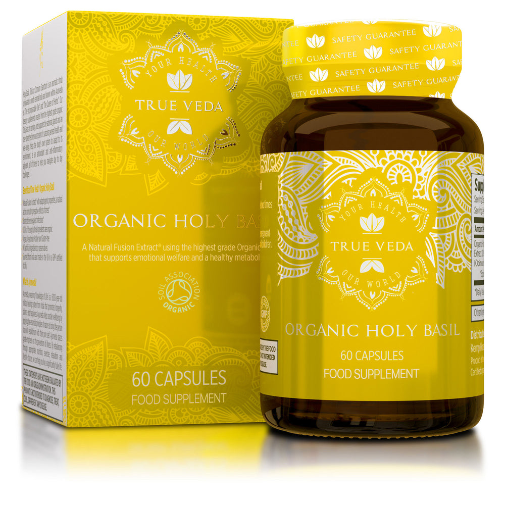 True Veda Organic Holy Basil bottle and box in yellow; 60 capsules food supplement on white background for wellness supplements.

