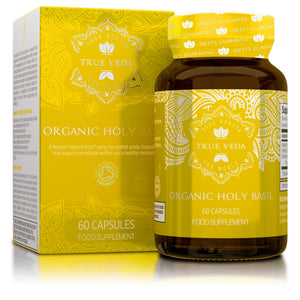 True Veda Organic Holy Basil bottle and box in yellow; 60 capsules food supplement on white background for wellness supplements.

