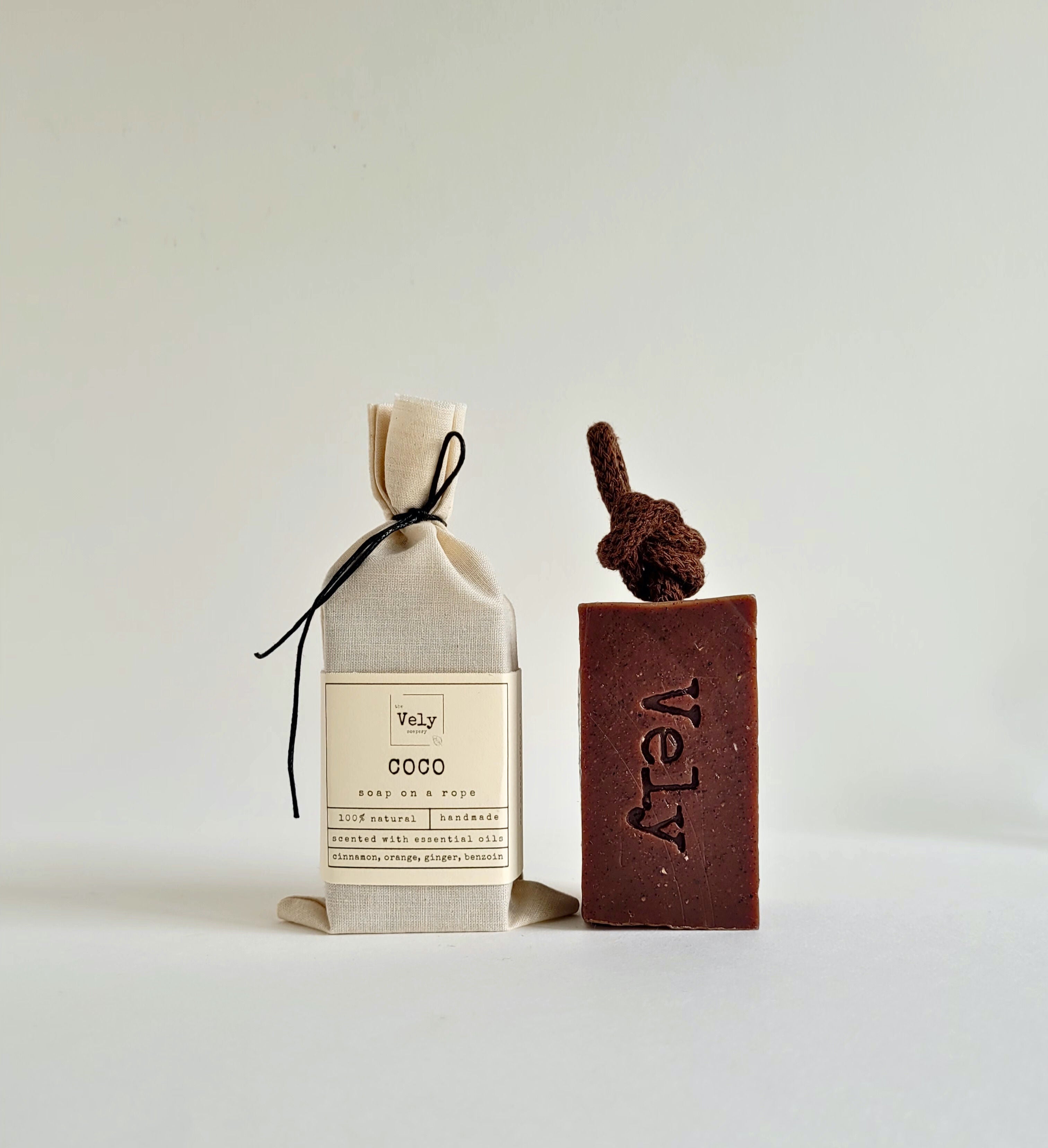 Natural Vegan Soap On A Rope With Coffee and Raw Cacao "COCO"