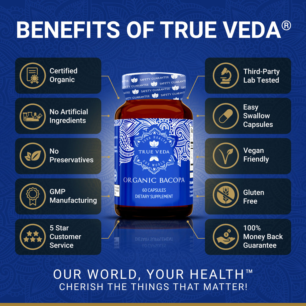 True Veda Organic Bacopa Monnieri 180 Capsules (3 Bottles)