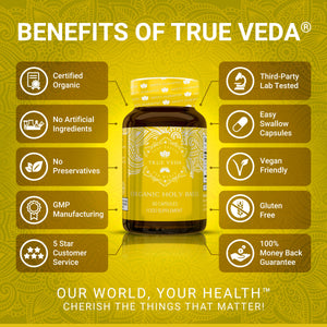 Benefits of True Veda Organic Holy Basil graphic with bottle and icons for certified organic, lab tested, gluten free and guarantee.

