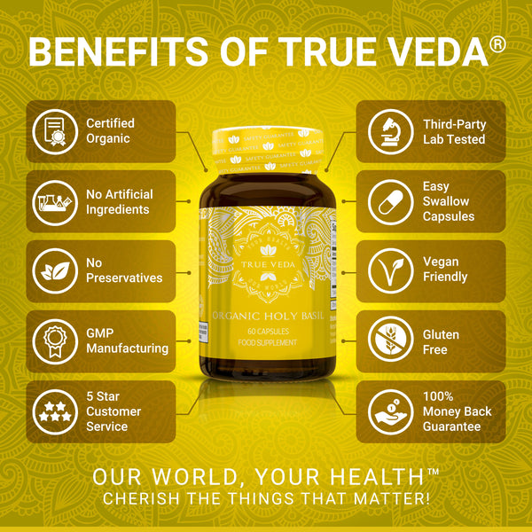 Benefits of True Veda Organic Holy Basil graphic with bottle and icons for certified organic, lab tested, gluten free and guarantee.

