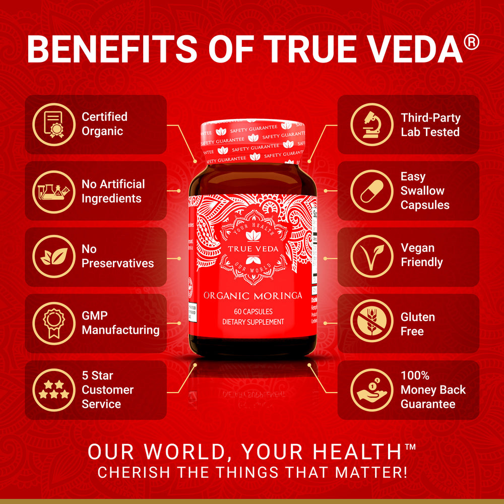 True Veda Organic Moringa bottle and box packaging in red, 60 vegetarian capsules, food supplement shown on white background.

