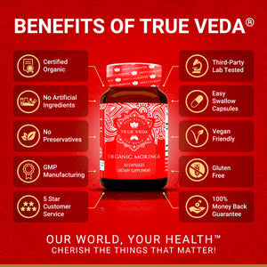 Benefits of True Veda Organic Moringa graphic with bottle and icons for certified organic, lab tested, gluten free and vegan.

