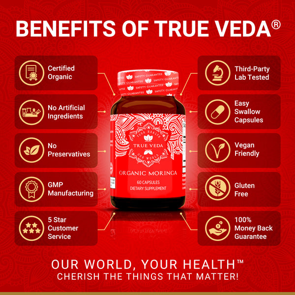 Benefits of True Veda Organic Moringa graphic with bottle and icons for certified organic, lab tested, gluten free and vegan.

